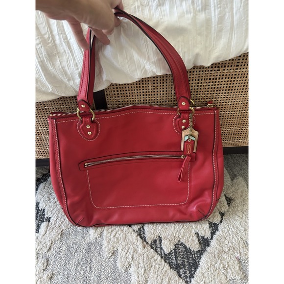 Coach Poppy Hallie Red Leather Tote Handbag Contrast Stitching 22424 MINT - Picture 2 of 12